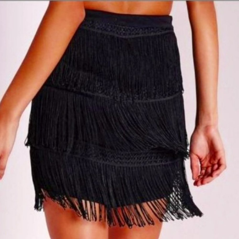 *EUC* HAUTE HIPPIE Tiered Fringe Mini Skirt - Black - Size XS